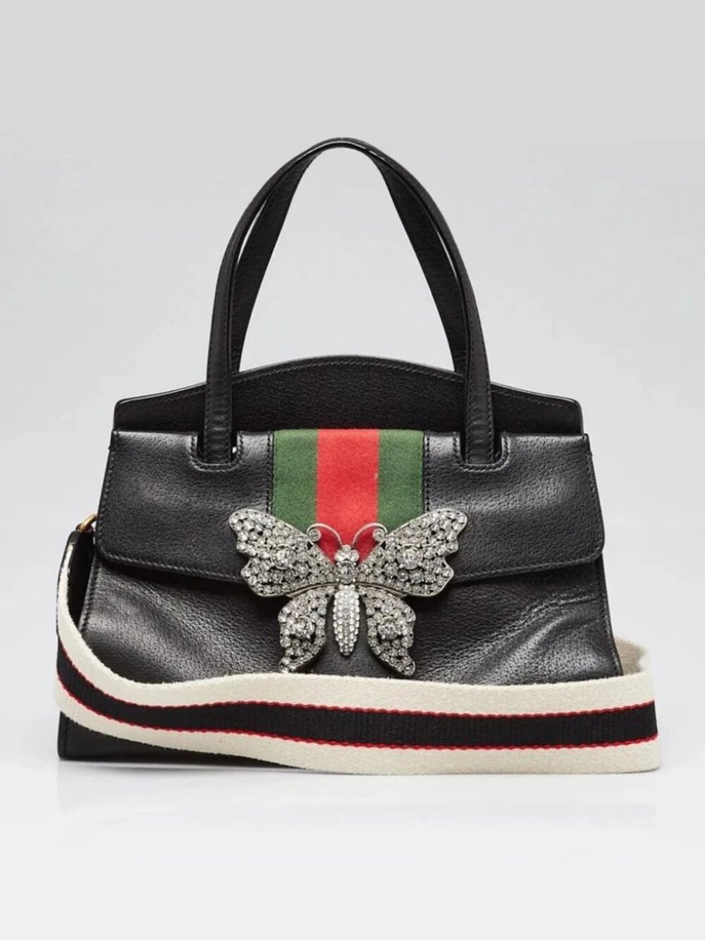 Gucci Black Leather Crystal Butterfly Linea Totem Medium Top Handle Bag